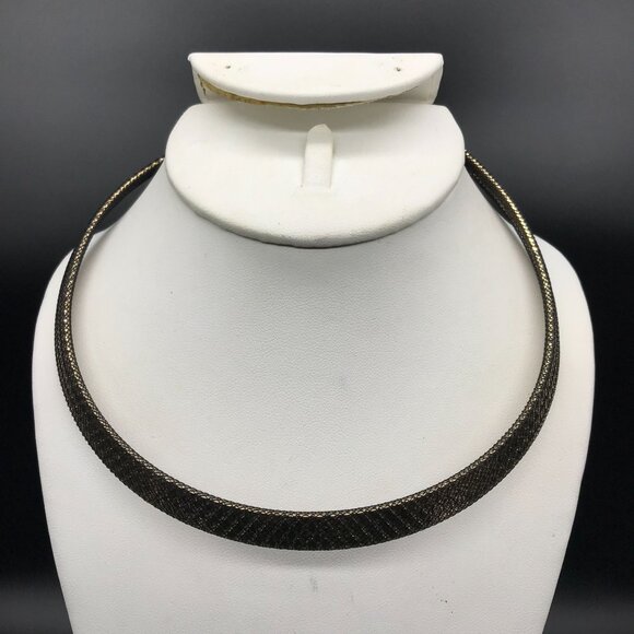 Gold Tone Formed Collar Necklace with Harlequin Design and Black Net Overlay - Picture 2 of 7